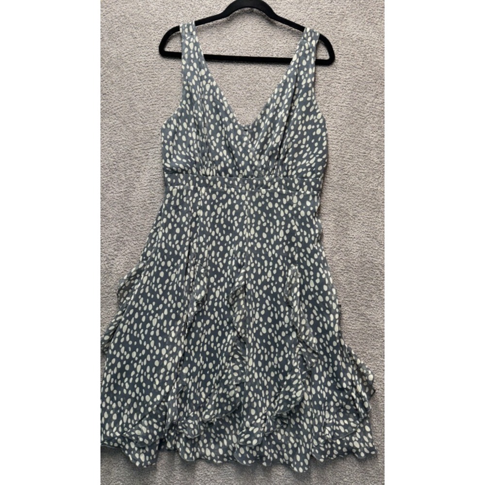 Pyramid Collection Boho Polka Dot Ruffle Dress Womens L Blue Sleeveless Feminine